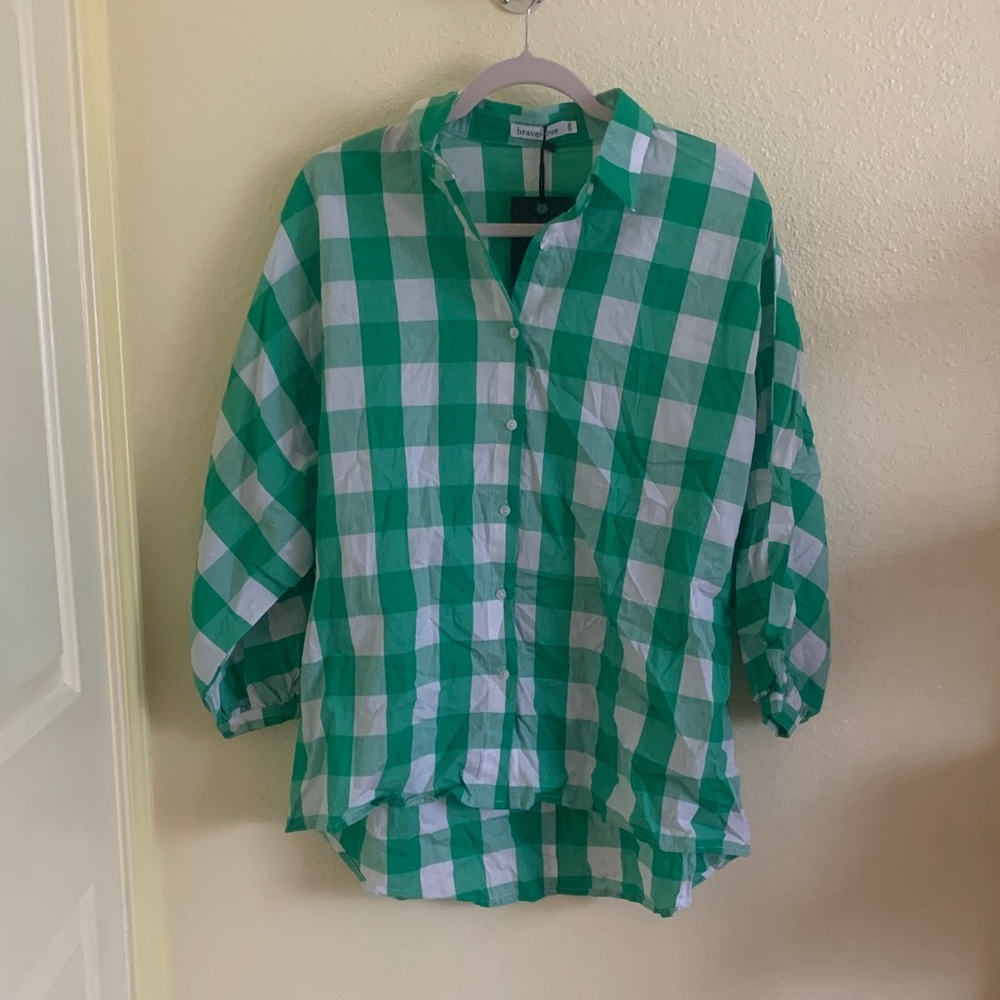 NWT  brave+true Green and White Checkered Button-Up Shirt